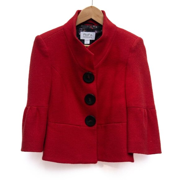 RoFa Moden Womens US 4 100% Wool Red Cropped Coat 3/4 Bell Sleeve Academia Chic